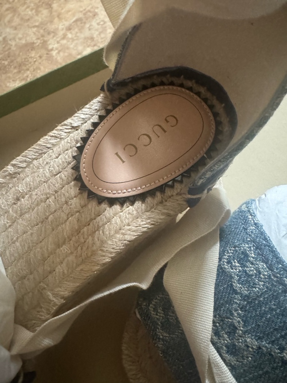 🆕 Gucci Pilar 51mm Denim Blue Espadrille Wedge Sandal with Ankle Tie - Picture 4 of 9